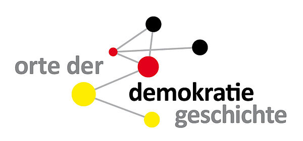 Logo Orte der Demokratiegeschichte Logo mit dem Schriftzug Orte der Demokratiegeschichte in schwarz-rot-gelb
