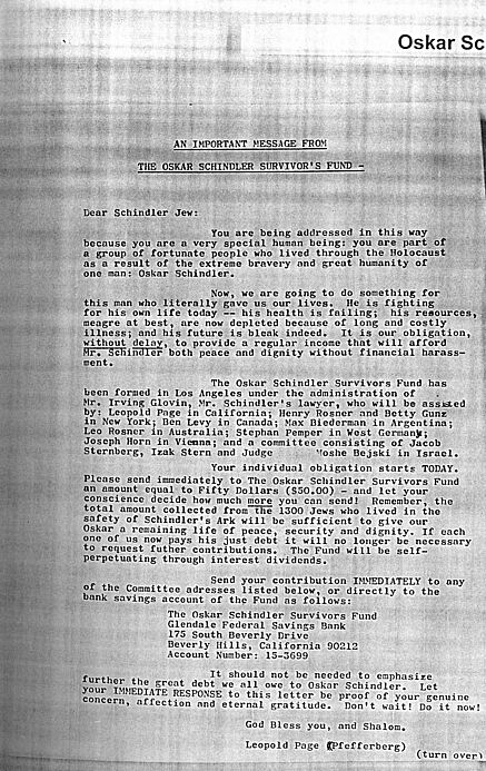 Finanzielle Unterstützung durch den Oskar Schindler Survivor maschinengeschriebenes Dokument mit unterstrichenen Textpassagen