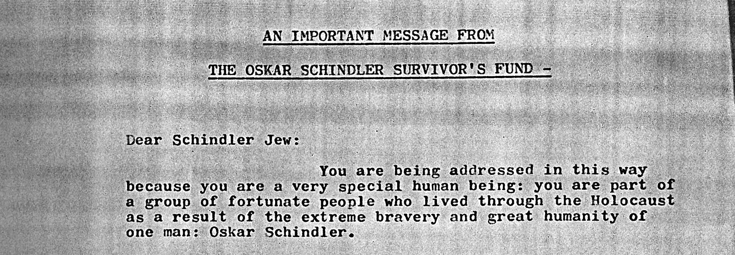 Finanzielle Unterstützung durch den Oskar Schindler Survivor maschinengeschriebenes Dokument mit unterstrichenen Textpassagen