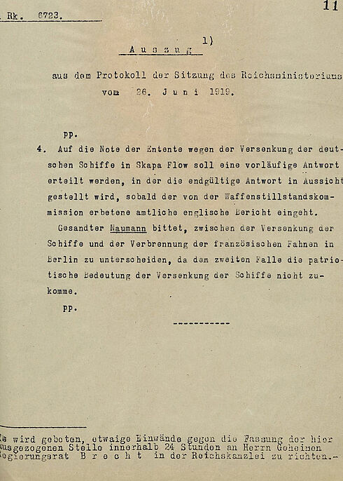 Auszug aus dem Protokoll der Sitzung des Reichsministeriums vom 26. Juni 1919 maschinenschriftliches Textdokument