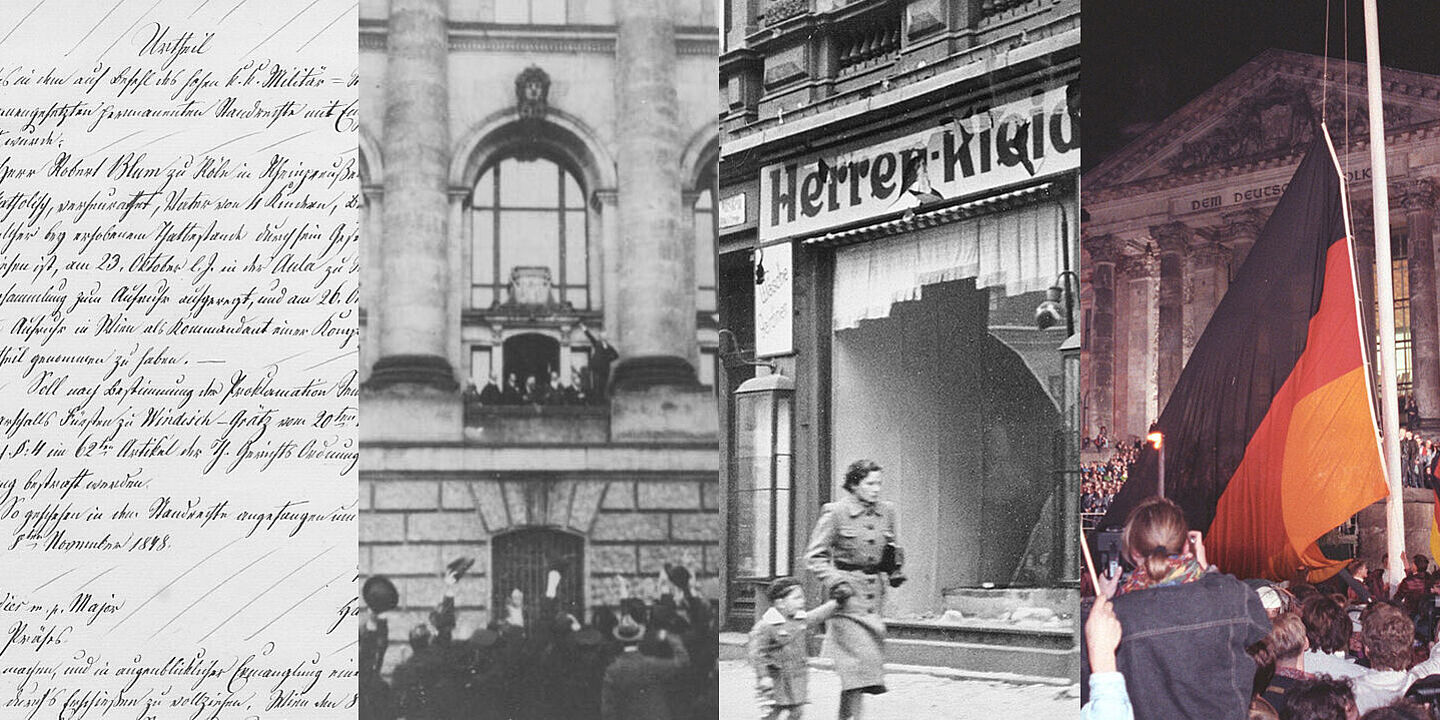 Banner für den Beitrag „Der 9. November – ‚Schicksalstag der Deutschen‘“ mit Bildern des schriftlichen Todesurteils Robert Blums, der Ausrufung der Republik durch Scheidemann, der Reichspogromnacht und dem Mauerfall Banner für den Beitrag „Der 9. November – ‚Schicksalstag der Deutschen‘“ mit Bildern des schriftlichen Todesurteils Robert Blums, der Ausrufung der Republik durch Scheidemann, der Reichspogromnacht und dem Mauerfall