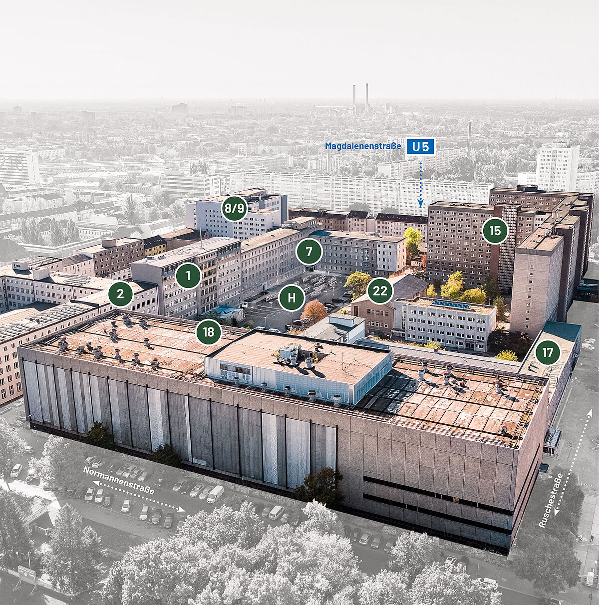 Lageplan zum Campus für Demokratie Lageplan zum Campus für Demokratie, auf dem die einzelnen Häuser mit Zahlen und Buchstaben markiert sind