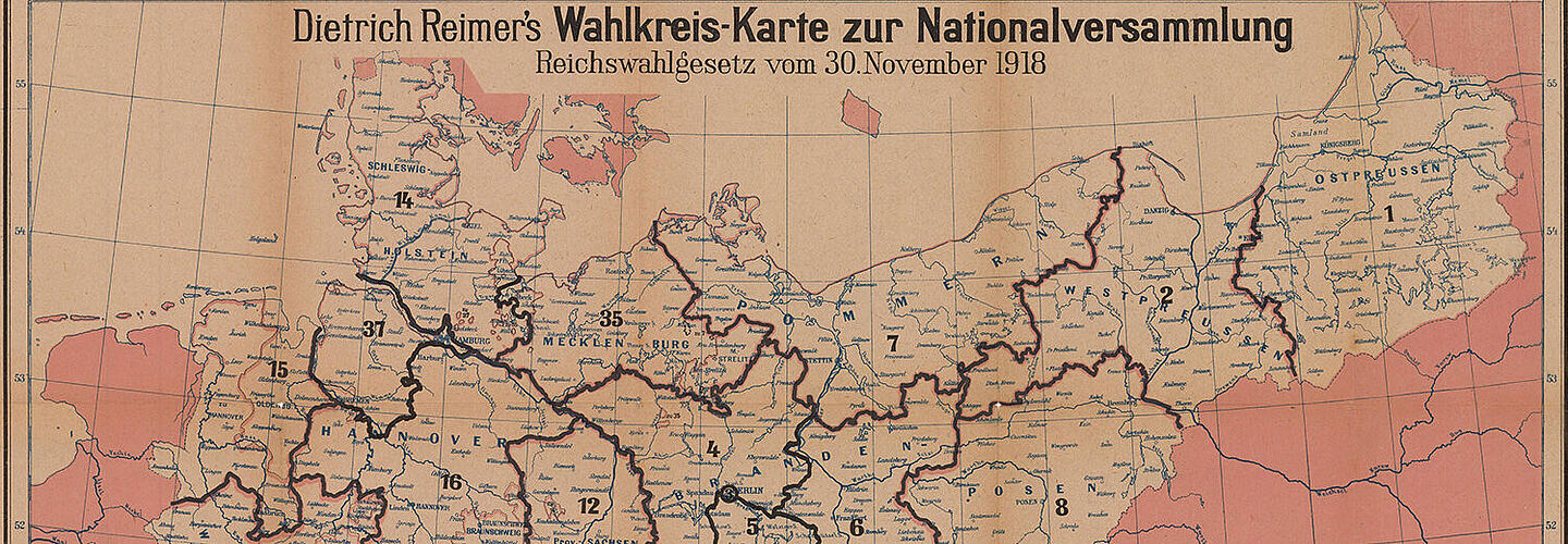 Wahlkreiskarte zur Wahl der Deutschen Nationalversammlung am 19. Januar 1919 (Ausschnitt) Wahlkreiskarte zur Wahl der Deutschen Nationalversammlung am 19. Januar 1919 (Ausschnitt)